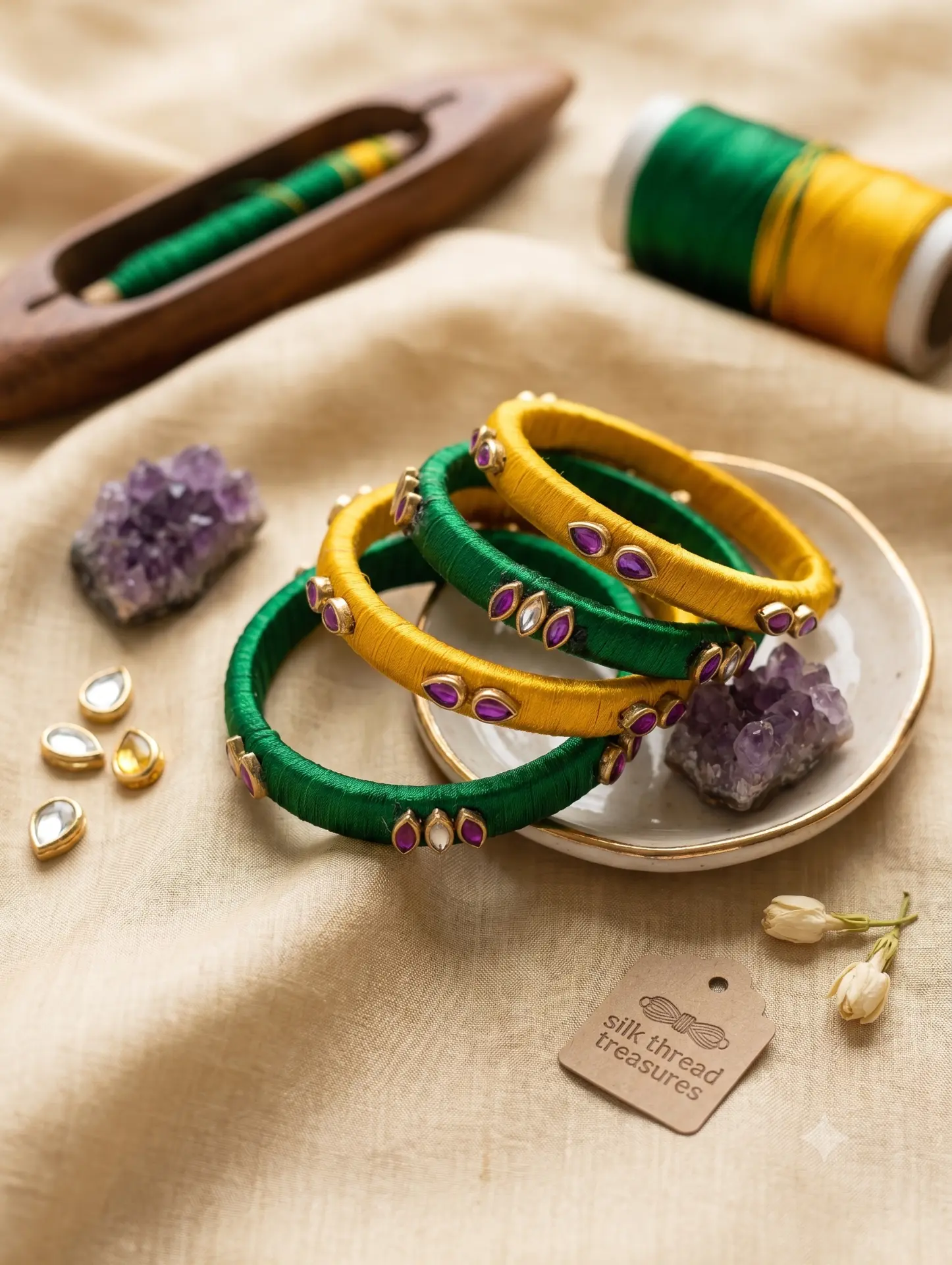 Handmade green and mustard silk thread bangles with kundan stones